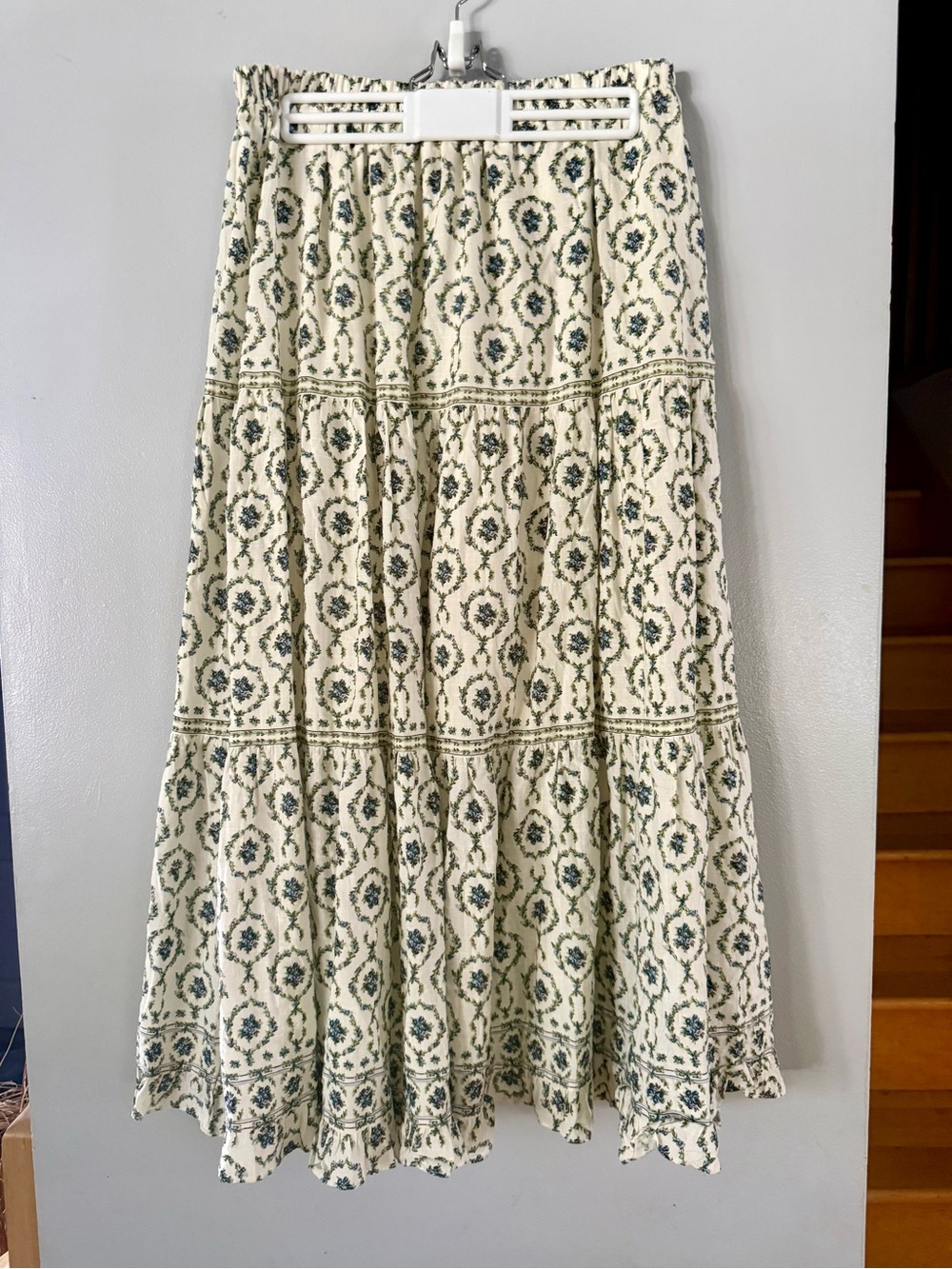 MAX STUDIO Floral Wreath Print Tiered Cotton Blend Maxi Skirt Large